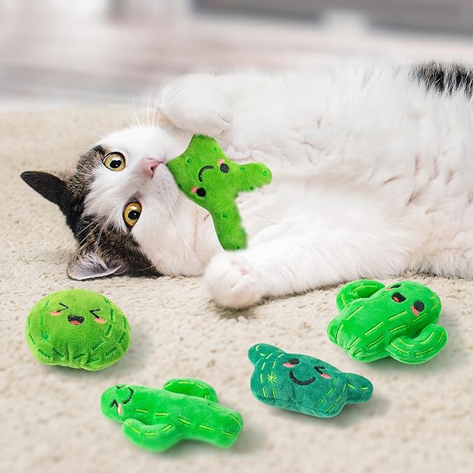 MALLMALL6 Catnip Toys for Cat - 5Pcs Cactus Prickly Plants Catmint Interactive Kitten Toy for Indoor Cats, Cute Soft Green Pet Supplies for Kitty Lover Gifts, Kitten Teething Chew Presents Set