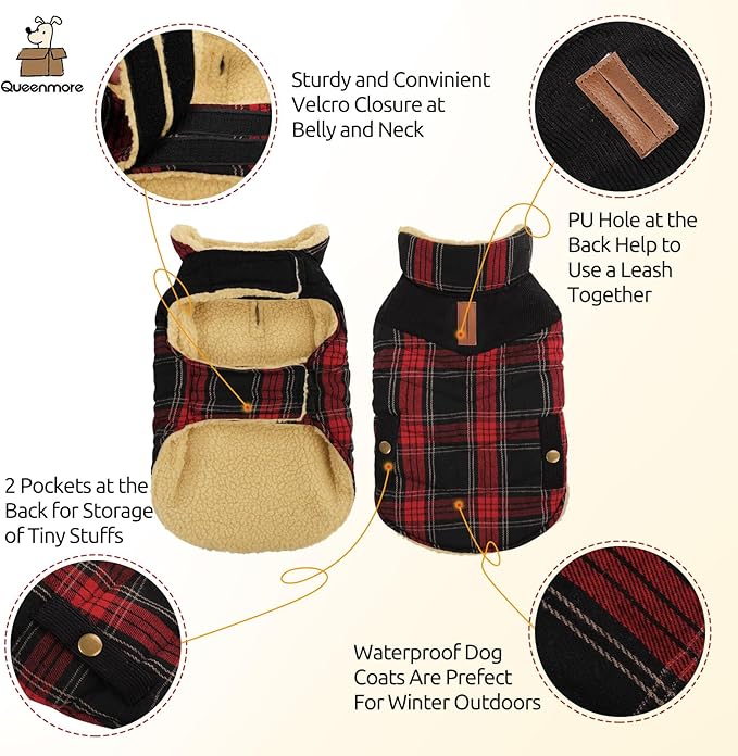Queenmore Dog Winter Coat Warm Dog Jacket for Cold Weather, Quilting Puffer Plaid Coats for Small/Medium Dogs Waterproof,Girl/Boy Pet Christmas Coat,Pet Snowsuit with Leash Hole/Fleece Padding, XL