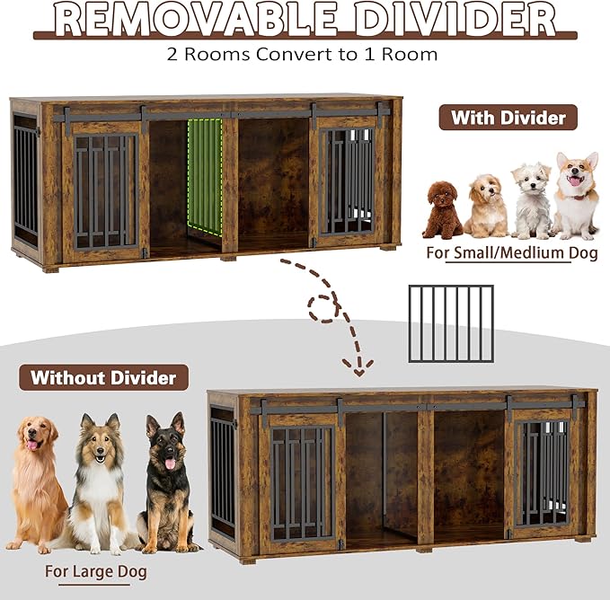 Large Dog Crate Furniture for 2 Dogs, Upgrade 71" Pro XXL Sliding Door Heavy Duty Dog Kennel Furniture with Divider, Steel Frame Indoor Double Dog Crate for Large Medium Small Dogs, Brown