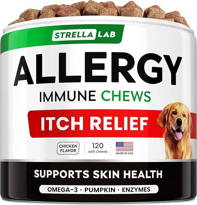 StrellaLab Dog Allergy Relief & Anti Itch Support Chews w/Omega 3: Real Ingredients, Real Taste! Skin & Coat Immune Supplement w/Fish Oil, Pumpkin & Enzymes — Developed by Experts - Made in USA -120Ct