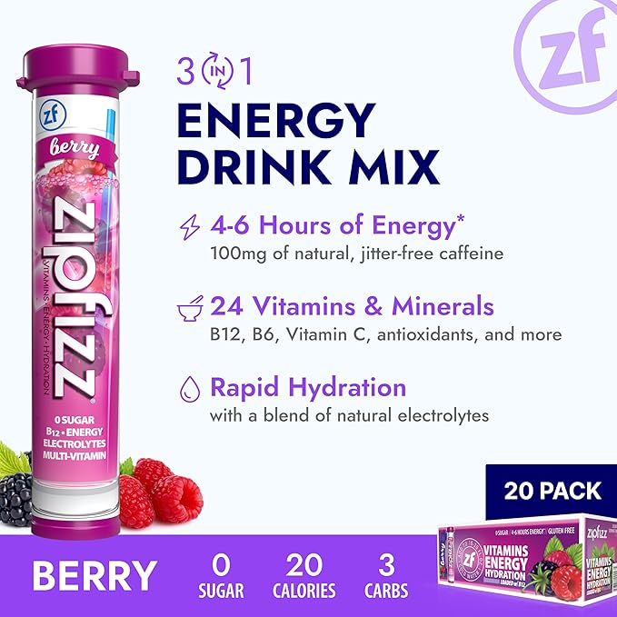 Zipfizz Daily Energy Drink Powder, Berry, 20 Pack | 3-in-1 Sustained Energy, Rapid Hydration, and Essential Vitamins | Sugar-Free | Electrolyte Powder | Contains Vitamin B-12 & Antioxidants
