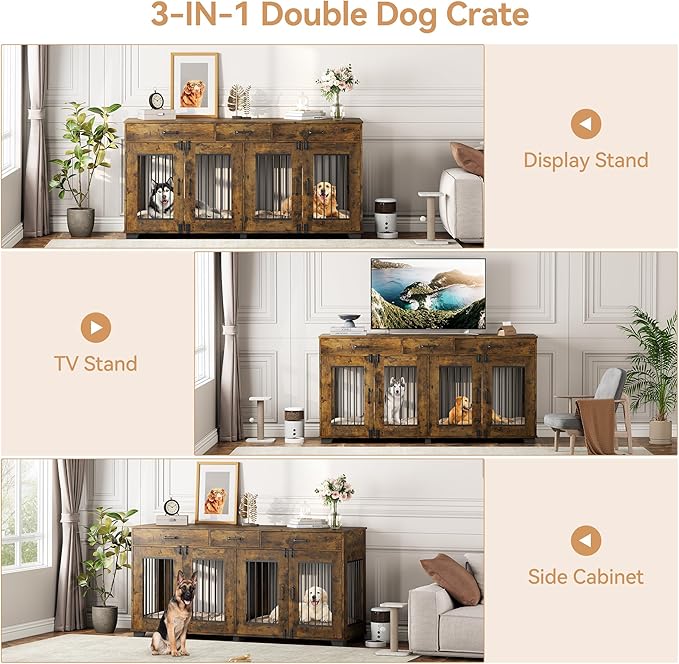 71'' Dog Crate Furniture, Wooden Indoor Dog Kennel for 2 Dogs with 3 Drawers and Removable Room Divider, XXL Double Dog Crate TV Stand End Table with Double Doors for Large Medium Dogs, Rustic Brown