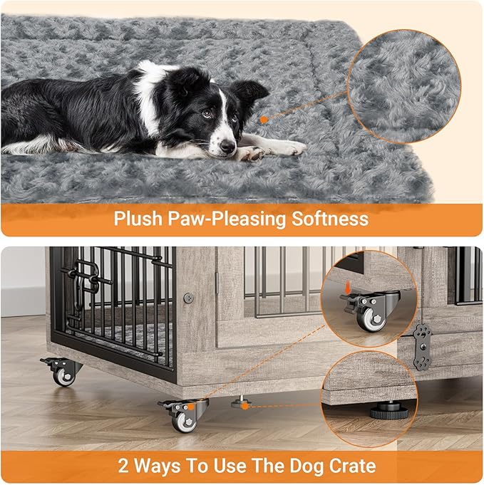 Lulive Dog Crate Furniture Set of 2, Dog Kennel Indoor Double Doors Wooden Dog Cage, 38'' Heavy Duty Dog Crate with Cushion & Wheels, End Table Pet House Chew-Resistant Up to 70 lb, Grey
