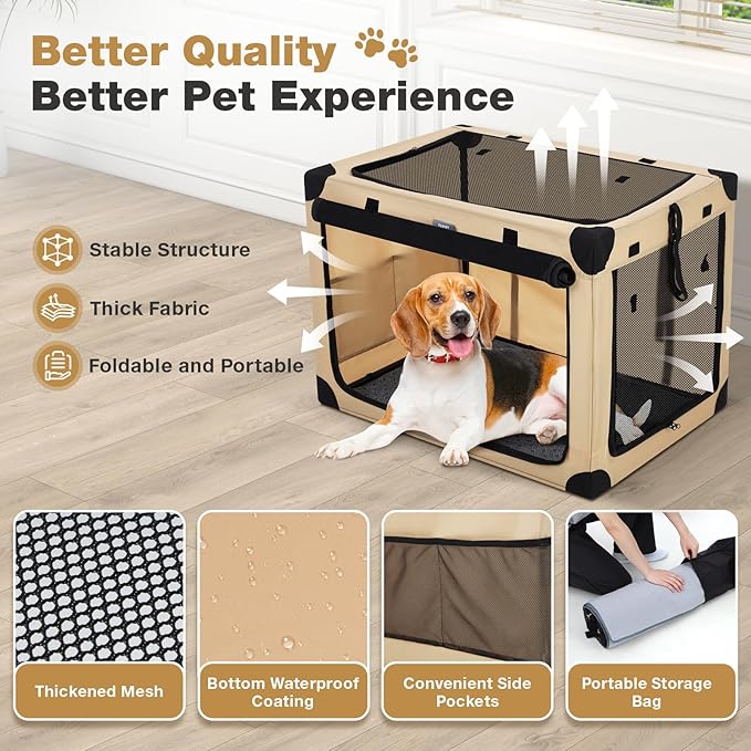 38 Inch Collapsible Travel Dog Crate for Large Dogs, Portable 4-Door Foldable Soft Kennel with Mat and Durable Mesh Windows for Car & Outdoor, with Storage Bag