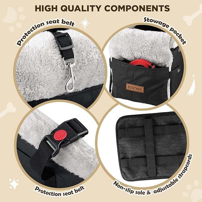 Center Console Dog Car Seat for Small Dogs,PU Leather Small Dog Car Booster Seat,Washable Foldable with Safe Protection Hooks Adjustable Straps and Storage Pocket Pet Up to 15lbs-Black