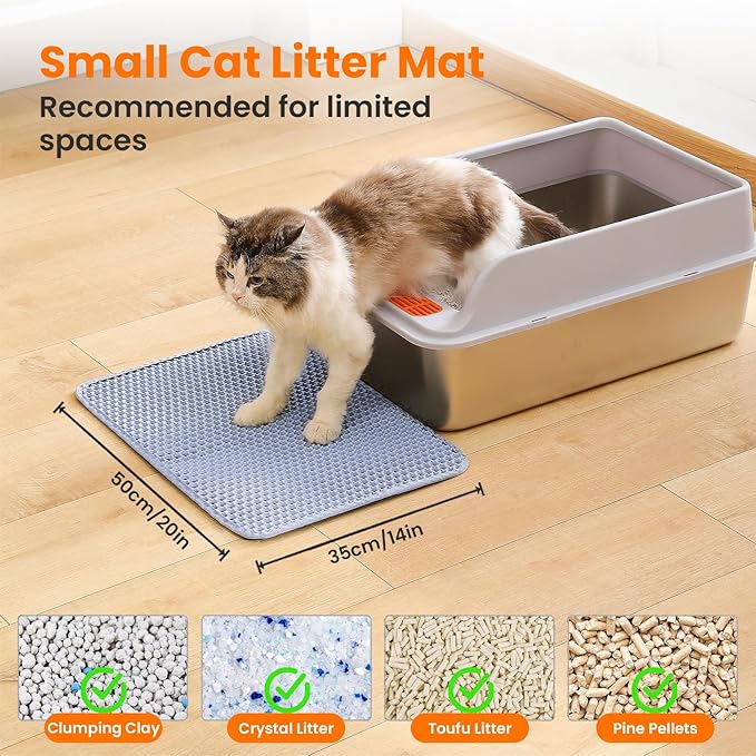 Small Cat Litter Mat, 20x14’’ Double Layer Honeycomb Cat Litter Box Mat, Non Slip Waterproof Urine Proof Litter Trapping Mat for Floor, Kitty Litter Pad, Indoor Pet Supplies, Blue