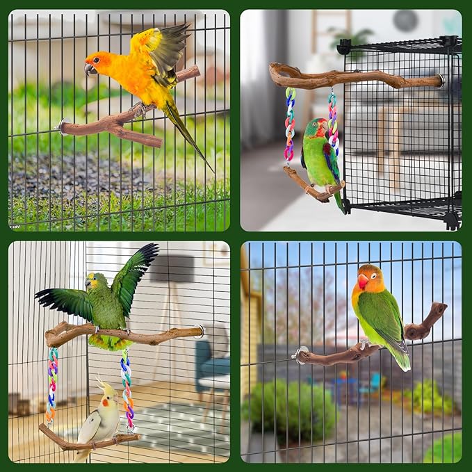 Bird Swing Toys, Standing Bird Perch with Natural Grape Wood, U Shape Hangable Birdcage Accessories, Birds Chewing Toy for Budgerigars, Parakeets, Cockatiels, Conures, Lovebirds, Finches (3Pack)
