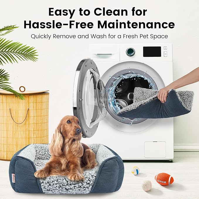 Miguel Washable Dog Bed With Removable Cushion for Medium Small Dogs, Easy to Wash Pet Sofa With Side, Rectangle Bolster Cat Calming Cuddle Puppy Bed With Anti-Slip Bottom, Blue 25 Inch