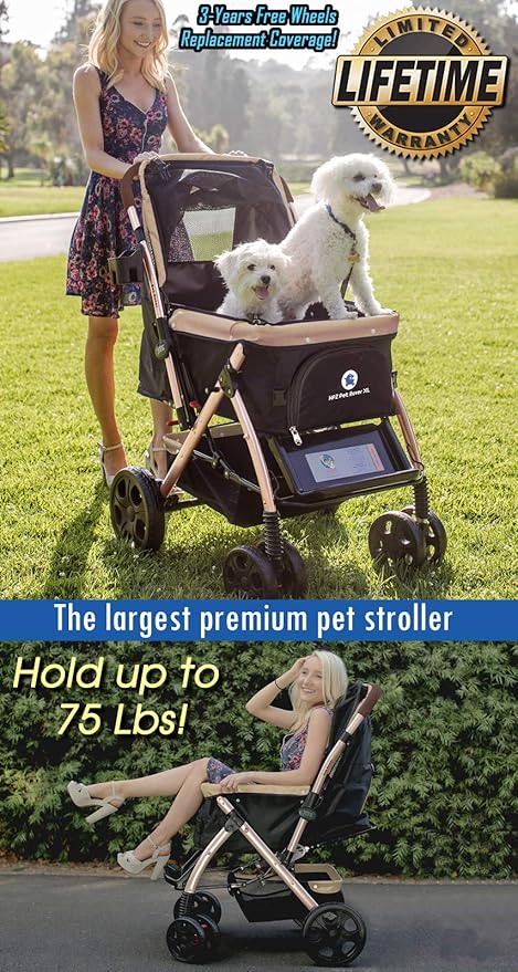 HPZ Pet Rover XL Extra-Long Premium Heavy Duty Dog/Cat/Pet Stroller Travel Carriage for Small, Medium, Large Pets (Taupe 2nd-Gen)