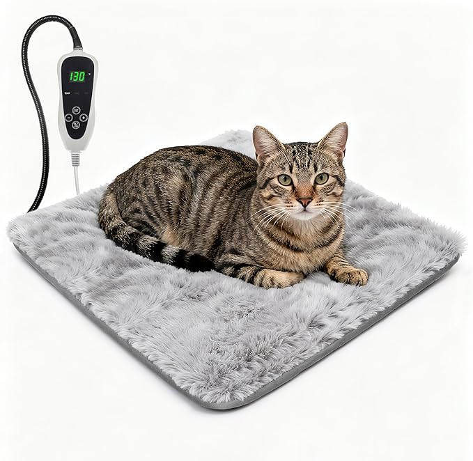 Cat Heating Pad 18x18 in with Smart Thermostat Switch and Power Line Protection Tube,Obtained MET and UL Dual Certification,Waterproof Pet Heating Pad for Cats, with Long Velvet Cloth Cover