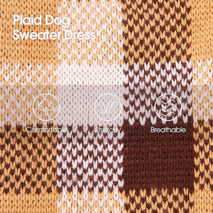 Dog Sweater Dress Plaid Knitwear for Small Medium Dogs Warm Puppy Pet Turtleneck Stretch Pullover Cute Fall Winter Vest Clothes with Leash Hole for Christmas (Coffee, 2XL)