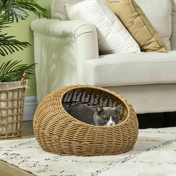 PawHut Rattan Cat Bed, Wicker Cat House Basket with Washable Cushion for Small Indoor Cats and Dogs, Light Brown