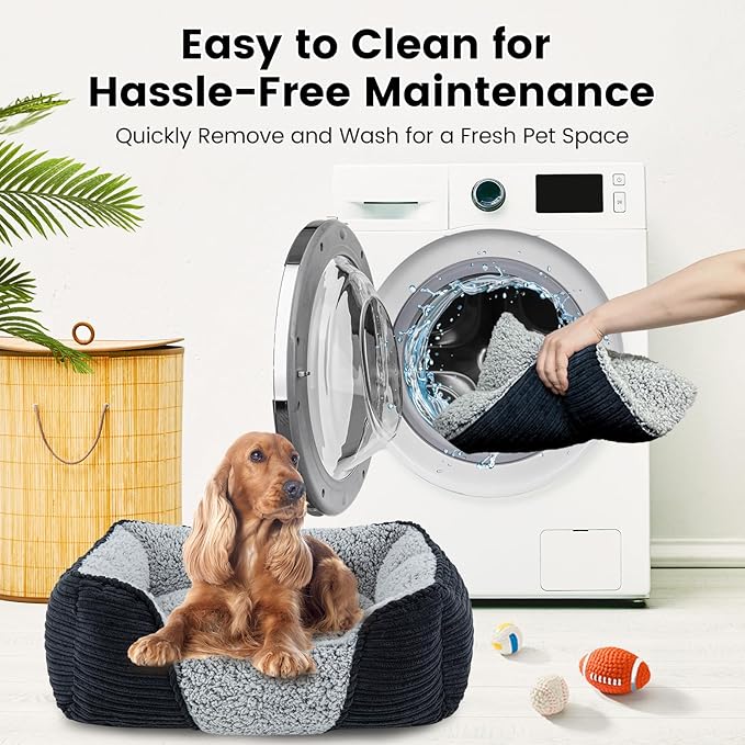 Miguel Washable Dog Bed with Removable Cushion for Small Dogs, Easy to Wash Pet Sofa Bed with Side, Rectangle Bolster Cat Bed Calming Cuddle Puppy Bed with Anti-Slip Bottom, Black 20 Inch