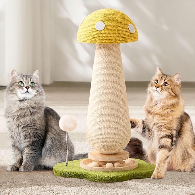 21.5‘’ H Cat Scratching Post with Catnip,Cute Mushroom Cat Scratcher Post with Durable Natural Solid Wood Turntable Toy,Lemon Yellow Mushroom Shape Cat Toy Cat Sisal Scratcher for Indoor Cats