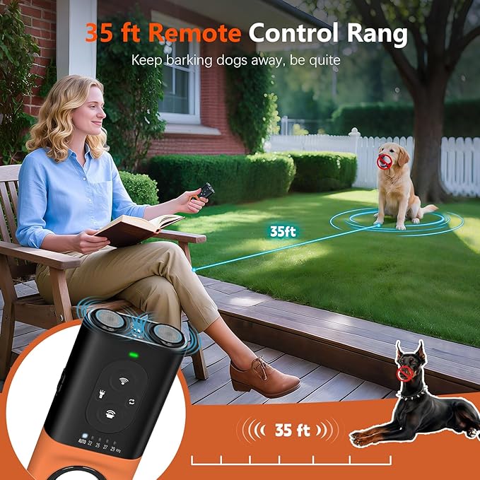 Dog Bark Deterrent Devices, Anti Barking Device for Dogs with Dual Emitters, 35 ft Range, LED Flashlight, Rechargeable Handheld Trainer, Safe & Effective, Stop Neighbors Dog