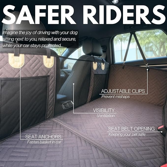 Premium Dog Back Seat Extender | Supports 400 lbs | Waterproof Hard Bottom & Non-Slip Design | Pet Seat Cover with Mesh Window & Storage Pocket | Fits Cars, SUVs & Truck (Brown)