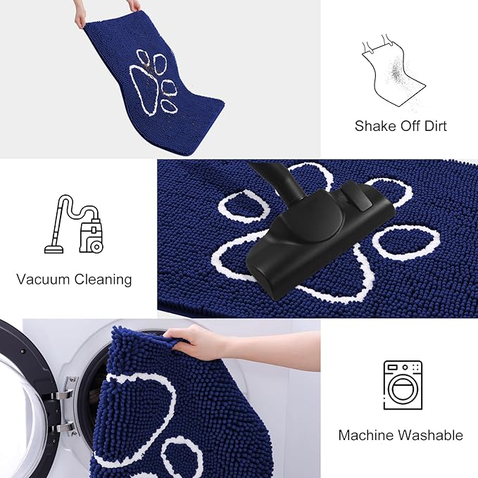 Smiry Dog Door Mat for Muddy Paws, Absorbent Dirt Trapper Non Slip Quick Dry Washable Chenille Mat for Mud Dogs, Entry Rug for Indoor and Outdoor (30x20 Inches, Navy Blue)