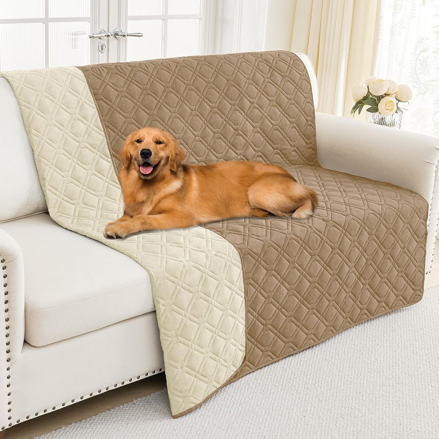 Smiry Waterproof Dog Blanket, 68x82 Inch Soft Pet Bed Cover Reversible, Washable Sofa Couch Furniture Protector for Small Medium Large Dog Puppy Cat, Geometric, Camel/Beige