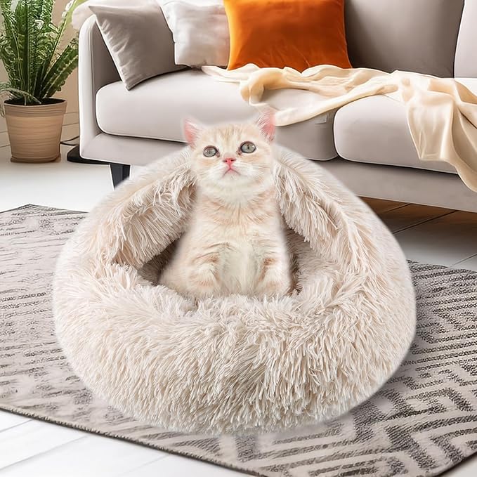 Cat Beds for Indoor Cats,Cat Cave for Puppy and Kitty,Calming Small Dog Bed for Small Dogs with Cover Cave,Cozy Warming Fluffy Washable Anti-Slip Pet Sleeping Bag(20 * 20inch,Beige)