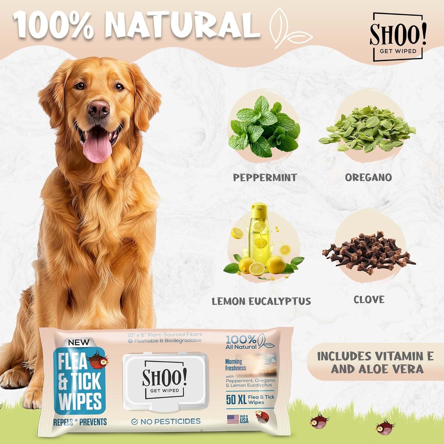 Shoo! Flea & Tick Wipes for Dogs | Convenient, Easy On-The-Go Protection | Plant Based, Natural Oils, Chemical Free | Repels & Prevents | 50 XL Wipes | (Morning Freshness)