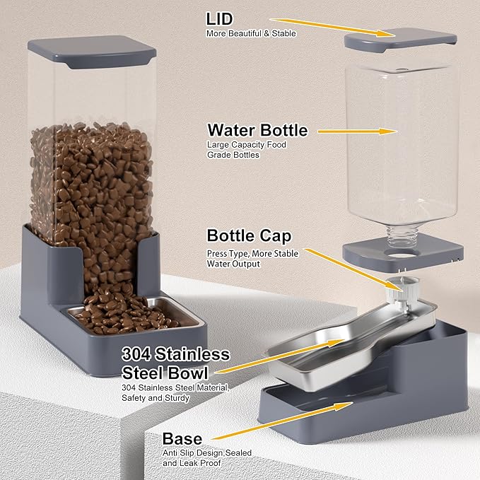Stainless Steel Cat Feeder and Water Dispenser,Gravity Waterer & Food Feeder Set with Stainless Steel,Large Capacity Pet Food Bowl for Small Medium Dog Pets Puppy Kitten(Grey,1 Gallon)