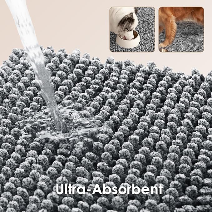 EHEYCIGA Super Absorbent Dog Door Mat for Muddy Paws 24x16 Inch Indoor, Front Doormat Outside Entrance, Quick Dry Chenille Washable Dog Crate Bed, Non-Slip Pet Rug Mud Mat Outdoor Entryway, Grey