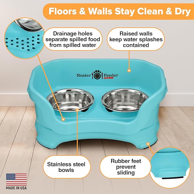 Neater Pet Brands Neater Feeder Deluxe Mess Proof Dog Bowls Elevated for Small Dogs Under 19 lbs, Made in USA, No Spill Raised Dog Food Bowl Stand Feeding Station, Food and Water Bowl Set, Aquamarine