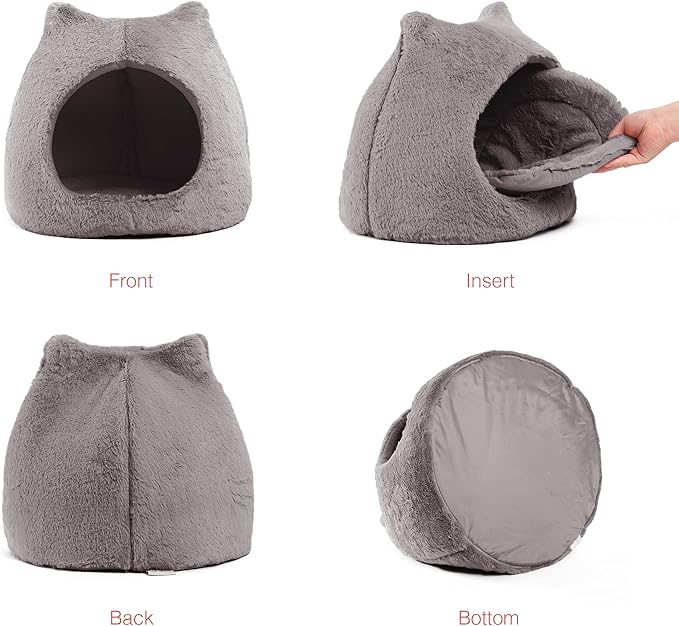 Best Friends by Sheri Meow Hut in Fur Cover Dome Cat and Dog Bed, Gray, Small (Pack of 2)