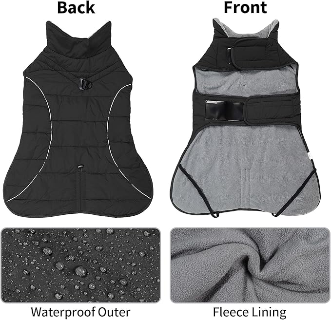 HEYWEAN Dog Winter Coat - Waterproof Windproof Reflective Vest for Medium & Large Breeds Adjustable Warm FleeceLined Jacket with Magic Tape & D-Ring for Leash Cold Weather Apparel (Black, Small)