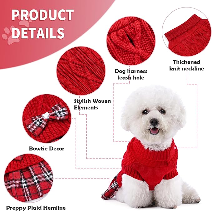 WOYYHO Girl Dog Sweater Dress with Bowtie Turtleneck Small Dogs Sweater with Leash Hole, Knitted Small Dog Sweaters Dress Puppy Winter Clothes for Yorkies Chihuahua (Medium, Red)