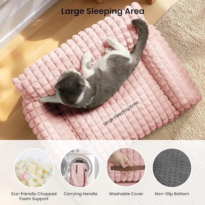 Cute Cat Couch Bed – Supportive & Fluffy Pet Sofa with Faux Rabbit Fur Washable Cover in 3D Diamond Pattern, 24" Pink