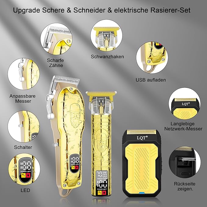 Professional Hair Clipper Set for Men Electric Shaver Razor Cordless Hair Cutting Barber Clippers Beard Trimmer Men’s Grooming Kit Gifts for him (Gold)