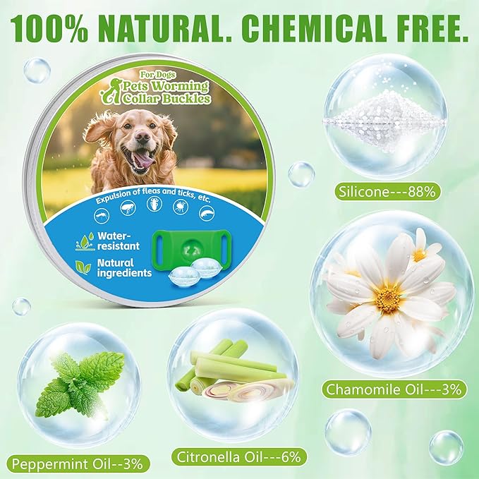 Natural Flea and Tick Prevention Dog Tag – 2 Pack Waterproof Collar Pendant with 4 Extra Refills, Green, Safe for All Breeds Collar Not Included