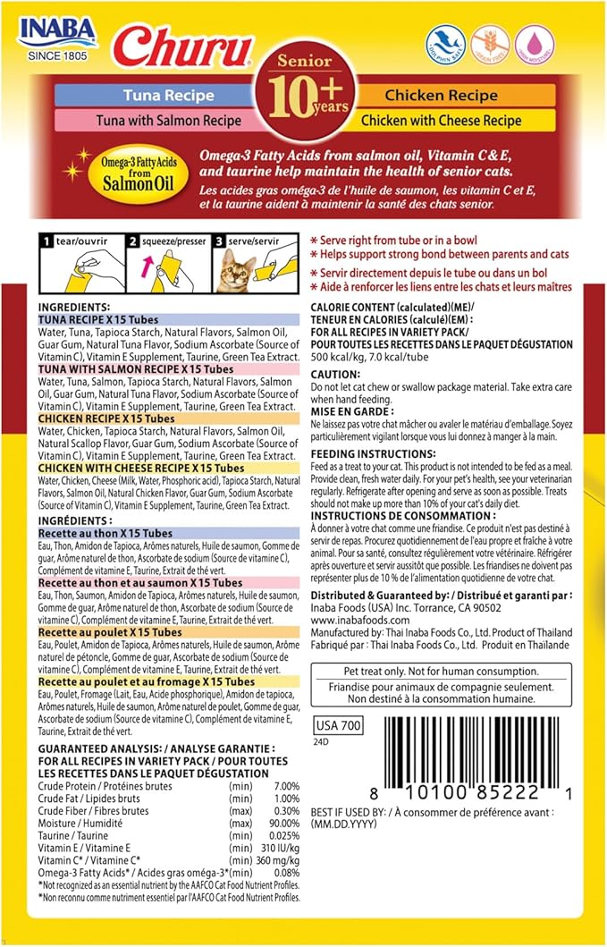 INABA Churu for Senior 10+, Creamy Lickable Cat Treats with Taurine, Vitamin E & C, 0.5 Ounces Each, 60 Tubes, Tuna & Chicken Variety