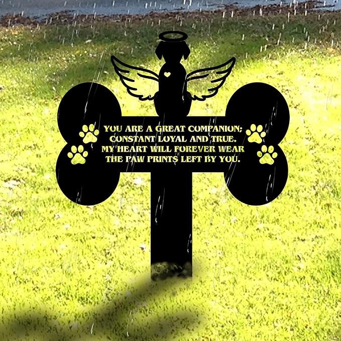 Dog Grave Marker Angel Cross – Pet Remembrance Gift for Loss of Dog, Weatherproof Metal Headstone for Yard, Garden or Indoor Memorial, 12in Sympathy Tribute Sign