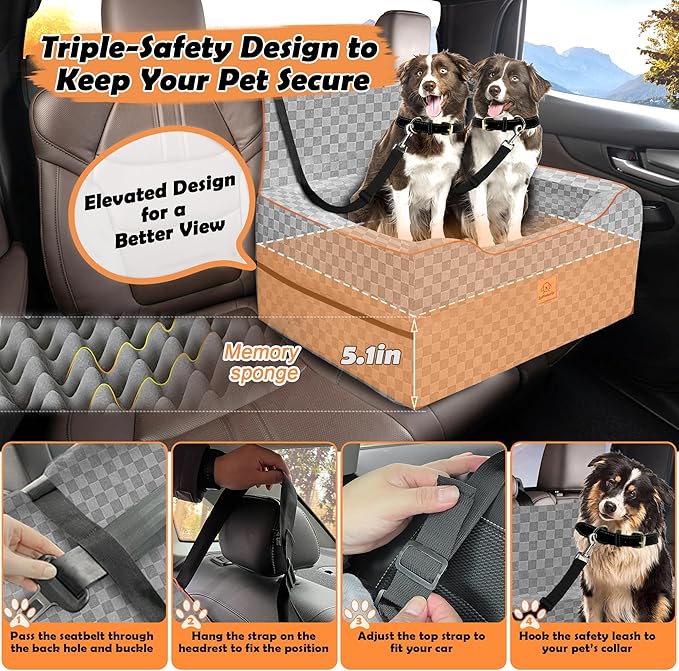 Large Dog Car Seat for Back Seat – Removable Dog Booster Seat & Washable Pet Car Seat for Medium & 2 Small Dogs up to 60lbs – Safety Straps & Storage Pocket – Travel & Home Use (Gray)