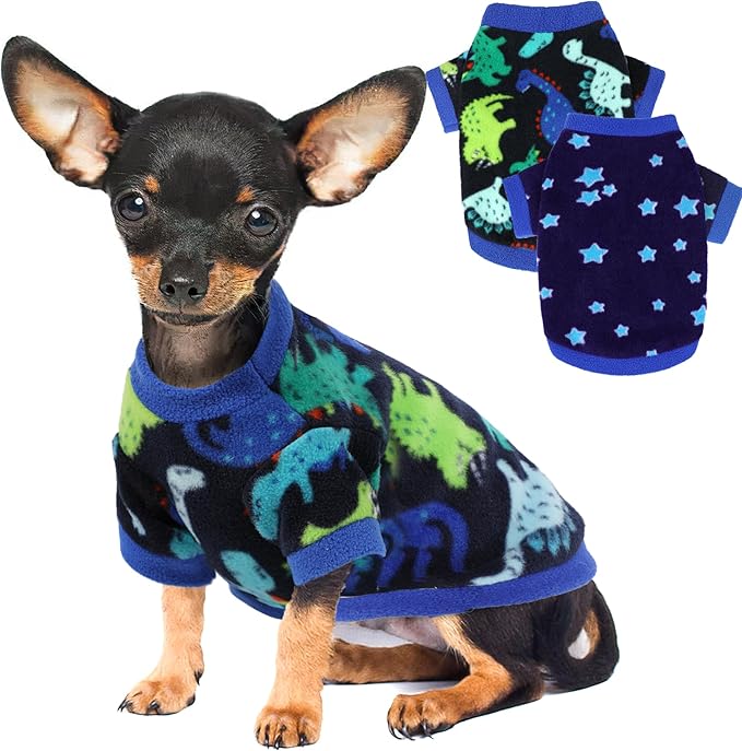 2 Pieces Dog Sweaters for Small Dogs, Fall Winter Fleece Dog Clothes, Soft and Warm Puppy Sweater Doggie Coat for Winter Pet Cloting for Chihuahua Yorkie (Stars, Dinosaurs, X-Small)