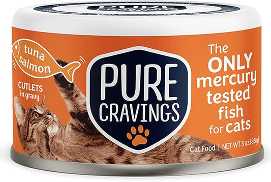 Pure Cravings Wet Cat Food Canned Tuna and Salmon Cutlets in Gravy, 100% Mercury-Tested, Moist Can Fish for Cats, Grain-Free, Protein, Non-GMO, Pack of 12
