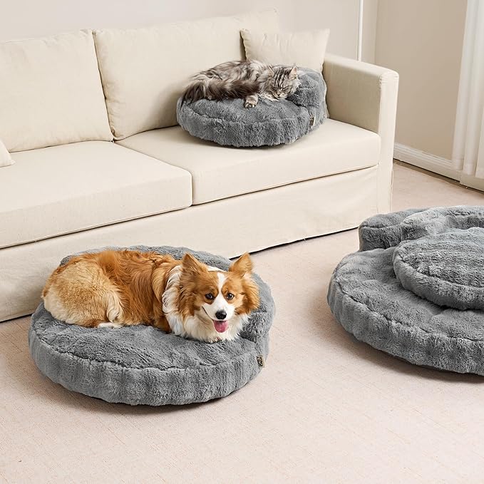 EHEYCIGA Small Dog Bed and Cat Couch for Puppy and Kitten - Fluffy Faux Rabbit Fur Pet Sofa with Washable Removable Cover, Waterproof and Non-Slip, 23 Inch Grey
