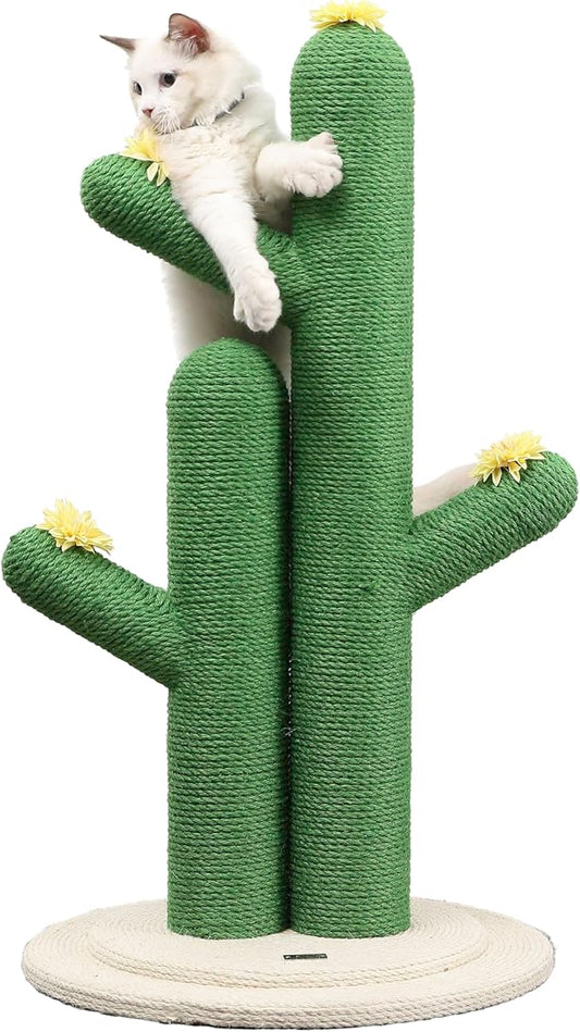 CTR1005A Socorro 34.25" Modern Jute Double-Cactus Cat Scratching Post with Flower Toys, Green/White