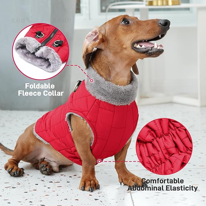 Warm Fleece Dog Coats with Durable Harness Buitl in D-Ring,Waterproof Puppy Jacket for Small Dogs,Dog Vest for Cold Winter,Red M