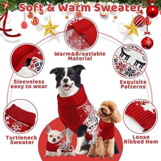 Christmas Dog Sweaters for Small Large Dogs Girl, Soft Warm Pup Dogs Shirt, Turtleneck Dog Sweaters for Medium Large Dogs, Double Knitting Collar for Outdoors Playing, Warm Dog Cat Clothes (Deer, XXS)