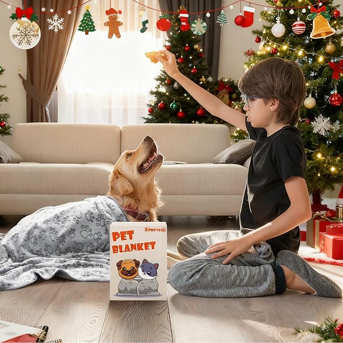 Stuffed Premium Soft Dog Couch Blanket, with Flannel Cute Paw Print, 30 * 70 inches, Cat Blanket Puppy Supplies Dog Products Stuff Essentials, Gray