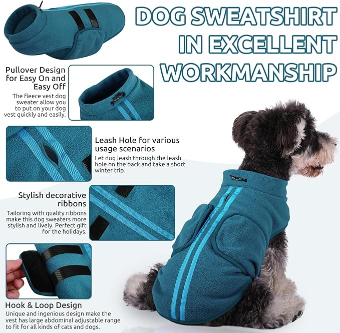 Queenmore XXL Dog Sweaters, Soft Fleece Vest Pullover Dog Jacket with Leash Hole, Warm Winter Dog Clothes Cold Weather Doggy Dachshund Sweater for Large Dogs Cats Boy or Girl (Peacock-Blue, XXL)