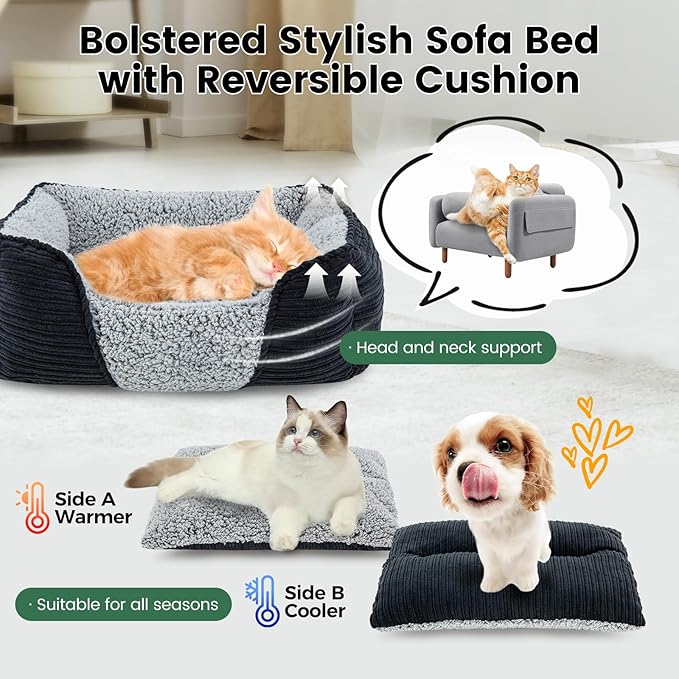 Miguel Washable Dog Bed with Removable Cushion for Small Dogs, Easy to Wash Pet Sofa Bed with Side, Rectangle Bolster Cat Bed Calming Cuddle Puppy Bed with Anti-Slip Bottom, Black 20 Inch