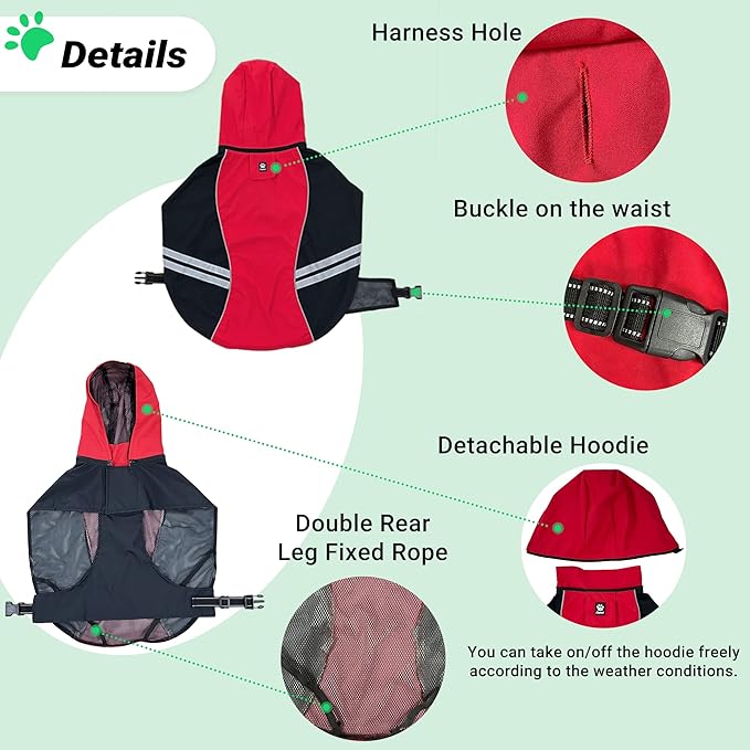 Dog Raincoat for Medium Large Extra Large Dogs, Waterproof Rain Jacket with Reflective Strap, Lightweight Hoodies Full-Body Coverage Dry Clothes (L, Red)