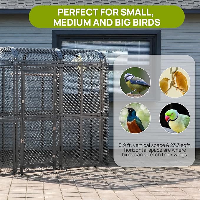 Large Metal Walk-in Cage 77-inch Heavy Duty Bird Cage Outdoor Diamond Grid Aviary Parrot Cage Wide Flight Metal Birdcage for Macaw Budgie Conure Lovebird Parakeet Cockatiel, 6.4x3.87x5.91ft, Silver