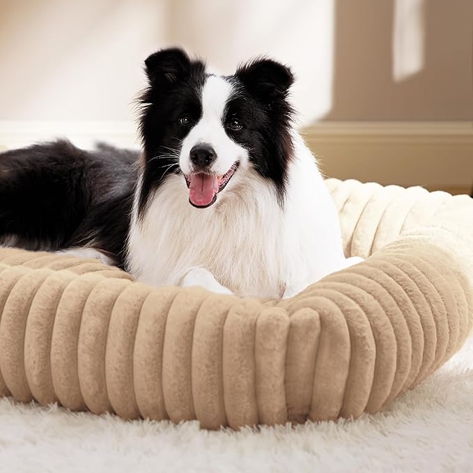 Bedsure Washable Dog Bed for Medium Dogs - Cute Furry Puppy Beds, Rectangle Orthopedic Corduroy Fleece Pet Beds with Removable Zipper Cover, 43x30x8inches, Sandy Beige