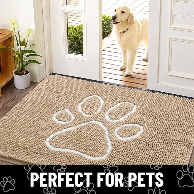 Smiry Dog Door Mat for Muddy Paws, Absorbent Dirt Trapper Non Slip Quick Dry Washable Chenille Mat for Mud Dogs, Entry Rug for Indoor and Outdoor (24x16 Inches, Beige)