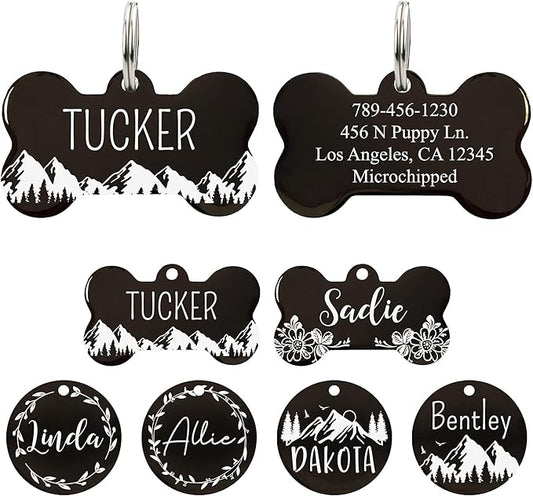 Ultra Joys Stainless Steel Pet ID Tag Dog Name Tags Personalized Front and Back Engraving, Customized Dog Tags and Cat Tag, Optional Engraved on Both Sides, Bone Tag with Mountain Design, Large